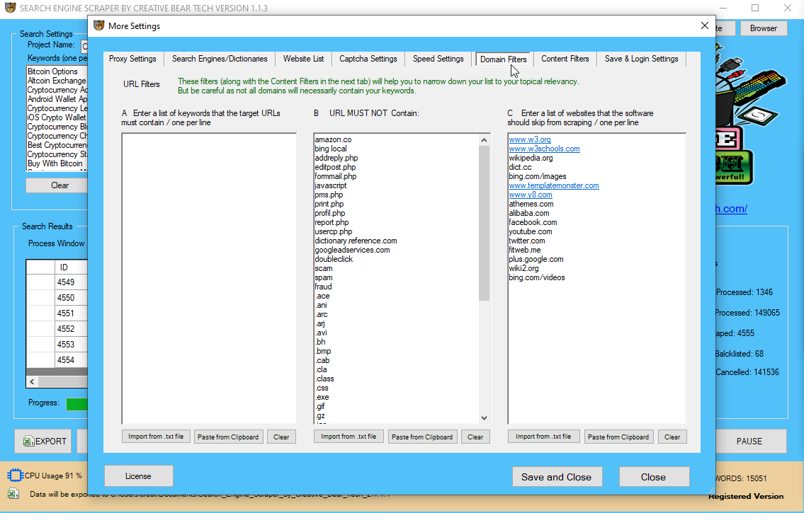 Search Engine Scraper and Email Extractor by Creative Bear Tech Domain Filters
